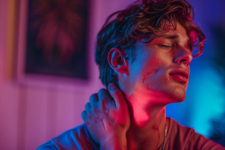 Selective focus of Caucasian man having neck pain inside home.の素材