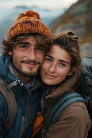 Caucasian couple hiking and wearing backpacks standing on mountain peak at sunset.の素材