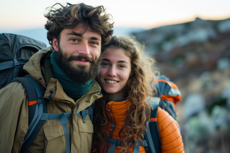 Caucasian couple hiking and wearing backpacks standing on mountain peak at sunset.の素材