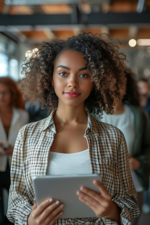 African American woman with afro hair holding a tablet while standing in front of people in the office.の素材
