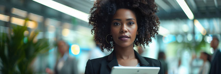 African American woman with afro hair holding a tablet while standing in front of people in the office.の素材