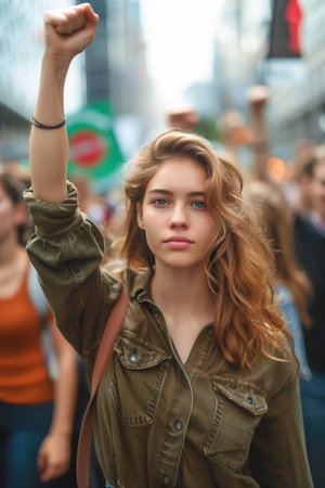 Young woman leads crowd in protest Shouting and raising fists in the street.の素材