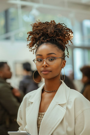 African American woman with afro hair holding a tablet while standing in front of people in the office.の素材