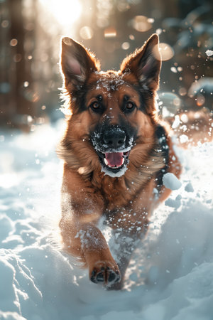 A dog is having fun playing in the snow.の素材