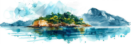 Watercolor painting of an island in the middle of the sea.の素材