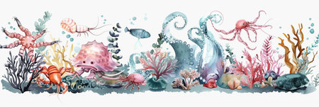 Watercolor paintings of strange underwater animals Weird aquatic plants.の素材