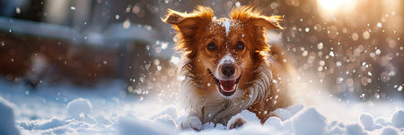 A dog is having fun playing in the snow.の素材