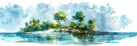Watercolor painting of an island in the middle of the sea.の素材