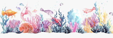 Watercolor paintings of strange underwater animals Weird aquatic plants.の素材