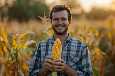 A Caucasian man is working in a corn field.の素材