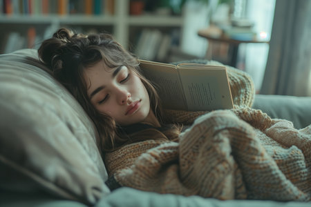Selective focus of A woman lies on a sofa with a book covering his face in the living room.の素材