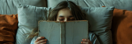 Selective focus of A woman lies on a sofa with a book covering his face in the living room.の素材