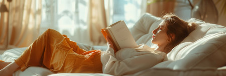Selective focus of A woman lies on a sofa with a book covering his face in the living room.の素材