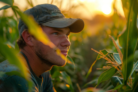 A Caucasian man is working in a corn field.の素材