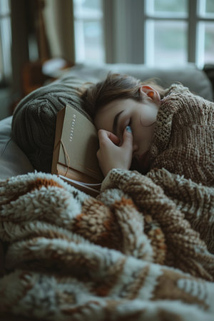 Selective focus of A woman lies on a sofa with a book covering his face in the living room.の素材