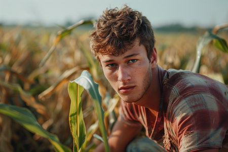 A Caucasian man is working in a corn field.の素材