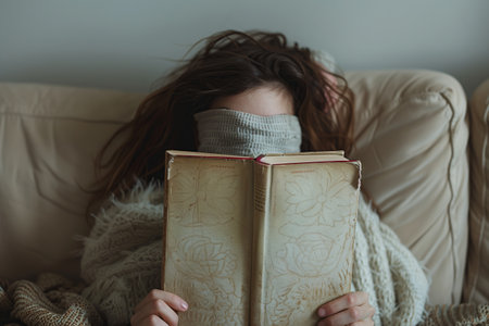 Selective focus of A woman lies on a sofa with a book covering his face in the living room.の素材
