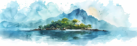 Watercolor painting of an island in the middle of the sea.の素材