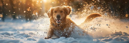 A dog is having fun playing in the snow.の素材