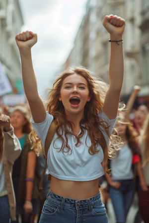 Young woman leads crowd in protest Shouting and raising fists in the street.の素材