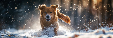A dog is having fun playing in the snow.の素材