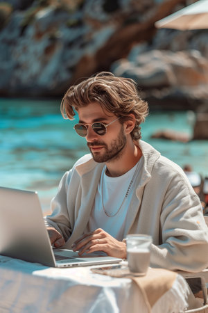 Caucasian man in casual clothes using laptop Working at a desk on the beach.の素材