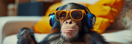 A monkey wears colorful sunglasses and Bluetooth headphones in the living room.の素材