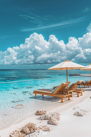 A gorgeous tropical beach resort with a swimming pool and sun loungers on a white sandy beach. Blue sky and palm trees Beautiful scenery of a luxurious summer vacation.の素材
