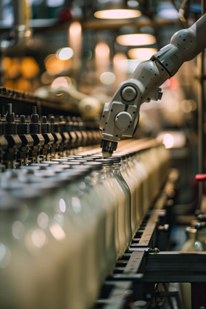 Selective focus of A robot arm in a dairy factory is picking up a stack of white glass bottles filled with fresh pasteurized milk.の素材