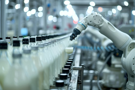 Selective focus of A robot arm in a dairy factory is picking up a stack of white glass bottles filled with fresh pasteurized milk.の素材