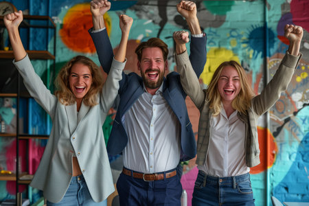 Caucasian business team Celebrate success by raising your arms in the office.の素材