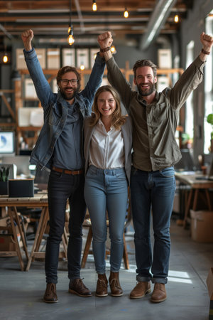 Caucasian business team Celebrate success by raising your arms in the office.の素材