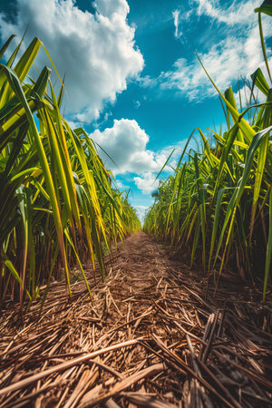 Selective focus of sugarcane plant background on farm.の素材