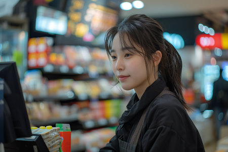 Asian female cashier working with merchandise in convenience store.の素材