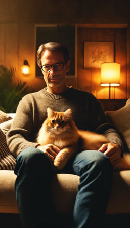 The image portrays a cozy scene of a man relaxing on a couch with his fluffy orange cat in a warmly lit room.の素材