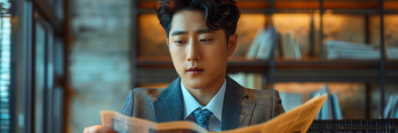 Asian male businessman sitting and reading a newspaper in a cafe.の素材