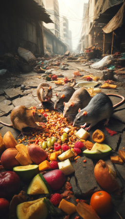 Rats feast on a pile of various fruits in a neglected urban alley.の素材