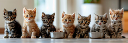 Selective focus of A group of kittens are eating in the house.の素材
