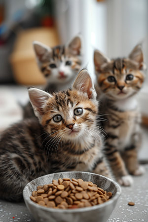 Selective focus of A group of kittens are eating in the house.の素材
