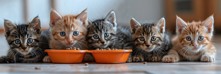 Selective focus of A group of kittens are eating in the house.の素材