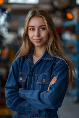 Caucasian woman auto mechanic smiling with confidence in car workshop.の素材
