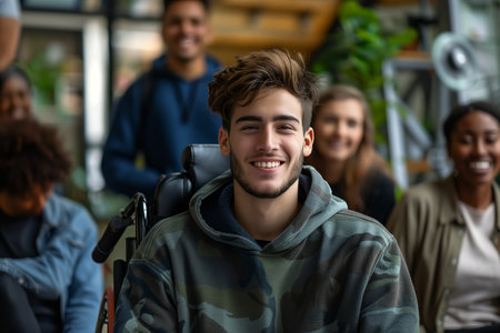 Young man in a wheelchair works with normal people with confidence in the office.の素材