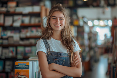 Caucasian female employee smiling with confidence in bookstore.の素材