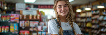 Caucasian female employee smiling with confidence in bookstore.の素材