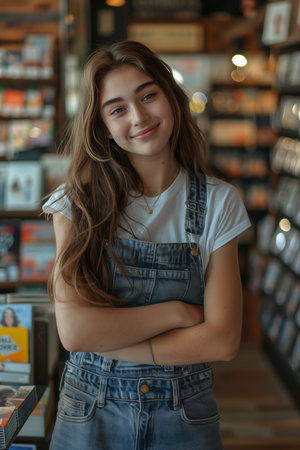 Caucasian female employee smiling with confidence in bookstore.の素材