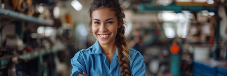 Caucasian woman auto mechanic smiling with confidence in car workshop.の素材