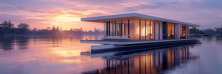 Luxurious modern villa rafts float on the calm waters of the river.の素材
