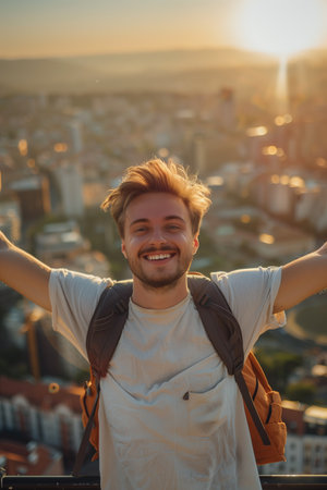 Backpacker Caucasian man with outstretched arms standing on the roof of a city building.の素材