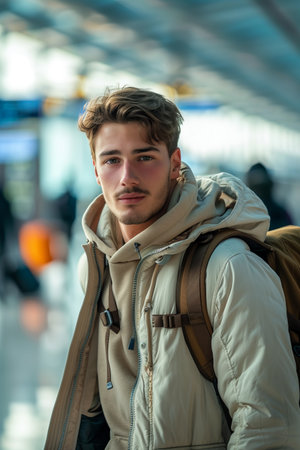 Caucasian male tourist walking in the airport terminal.の素材