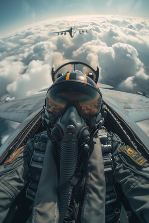 A fighter pilot wearing a helmet in the cockpit is flying high above the clouds.の素材